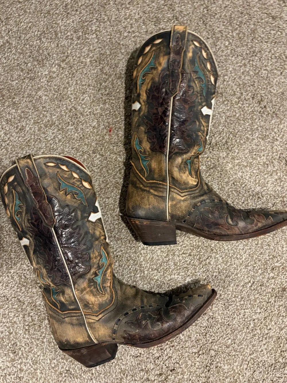 Dan Post Brown Western Boots with Teal and Cream Accents